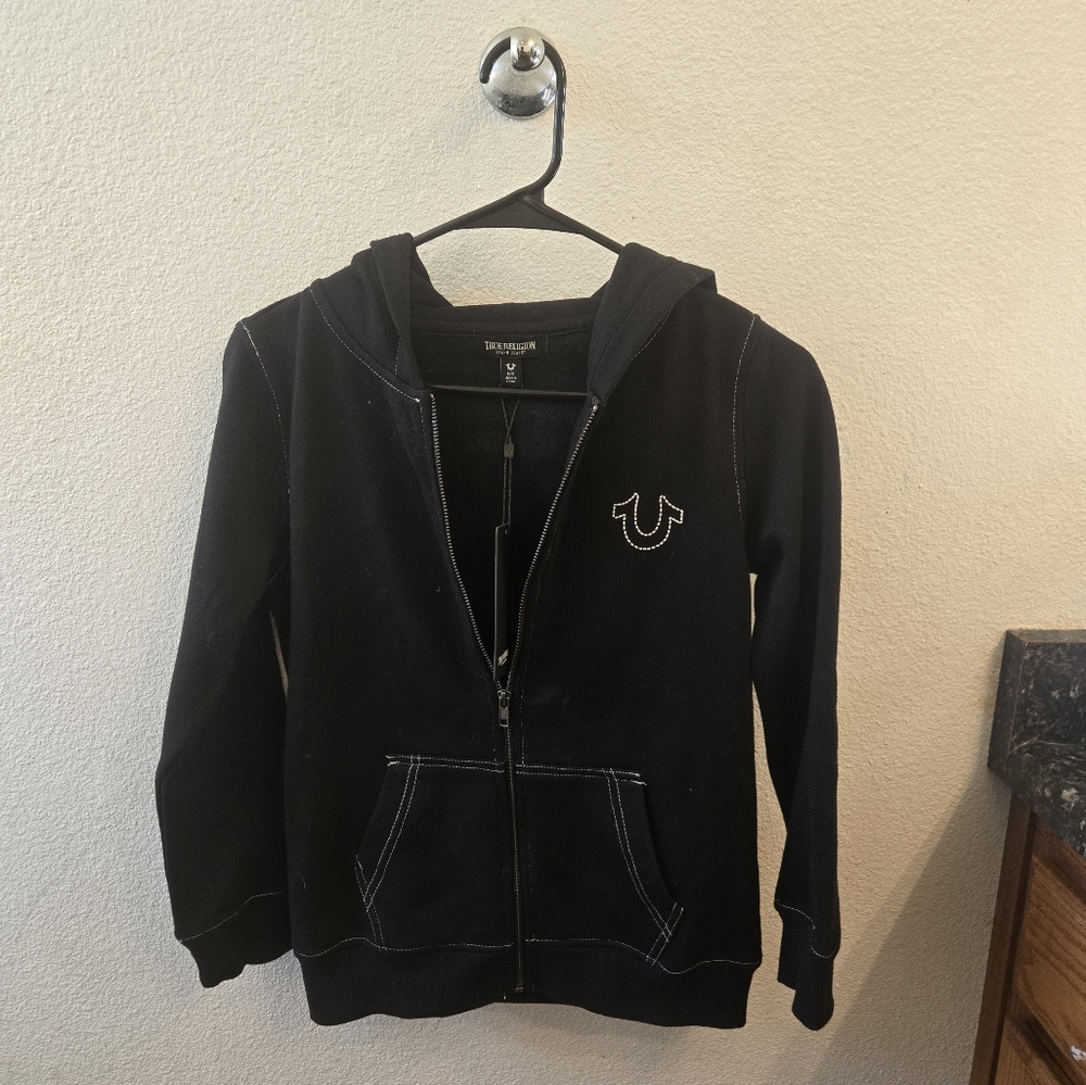 Jet Black True Religion stiched zip-up hoodie size Large